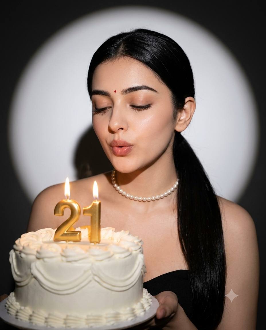 21st birthday woman AI prompt | Black dress, pearl choker & 21 cake