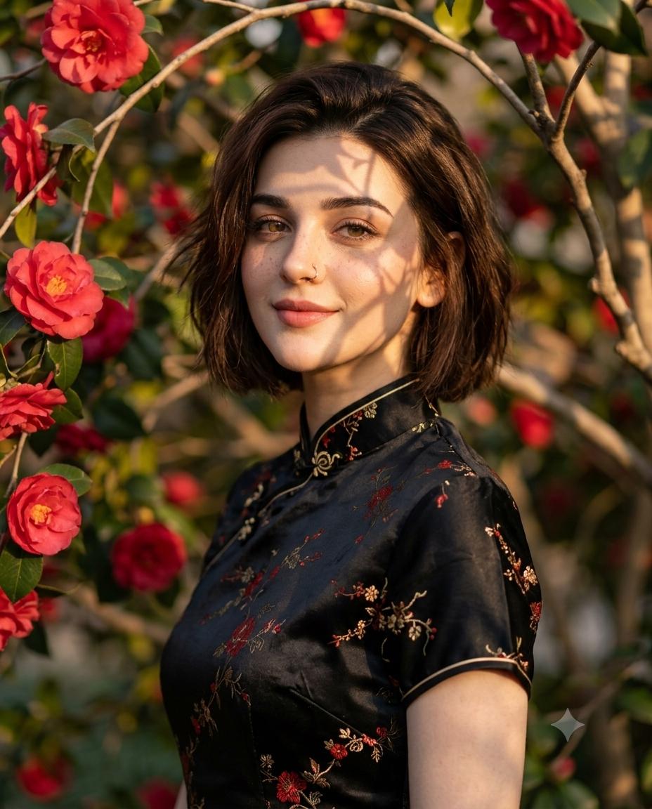Elegant Woman Qipao Portrait AI Image Prompt | Black Silk, Red Camellias & Golden Hour Bokeh
