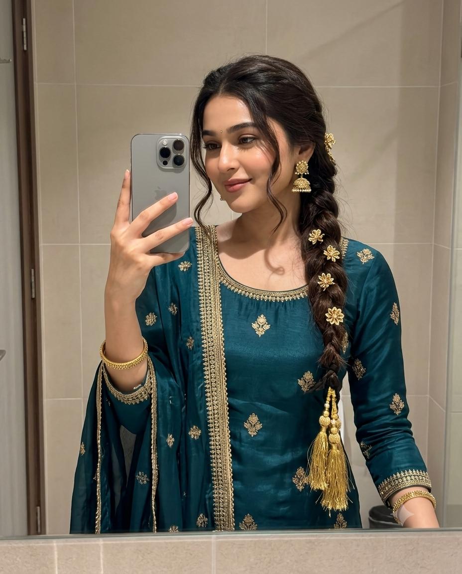 Woman Teal Salwar Kameez Portrait AI Image Prompt | Gold Zardozi, Jhumka & Paranda Style