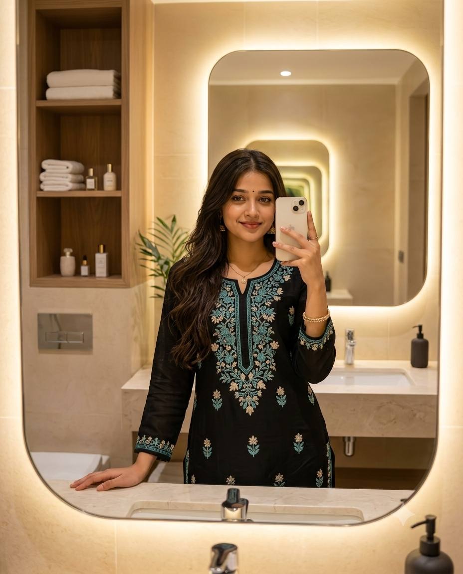 Indian woman mirror selfie AI prompt | Black kurta, marble vanity & warm LED