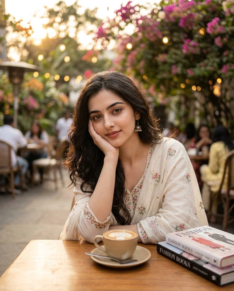 Indian woman café portrait AI prompt | Ivory suit, jhumkas & golden-hour bokeh