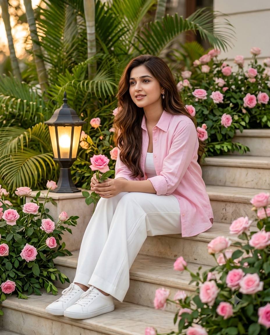 Indian woman rose garden portrait AI prompt | Luxury golden hour fashion style