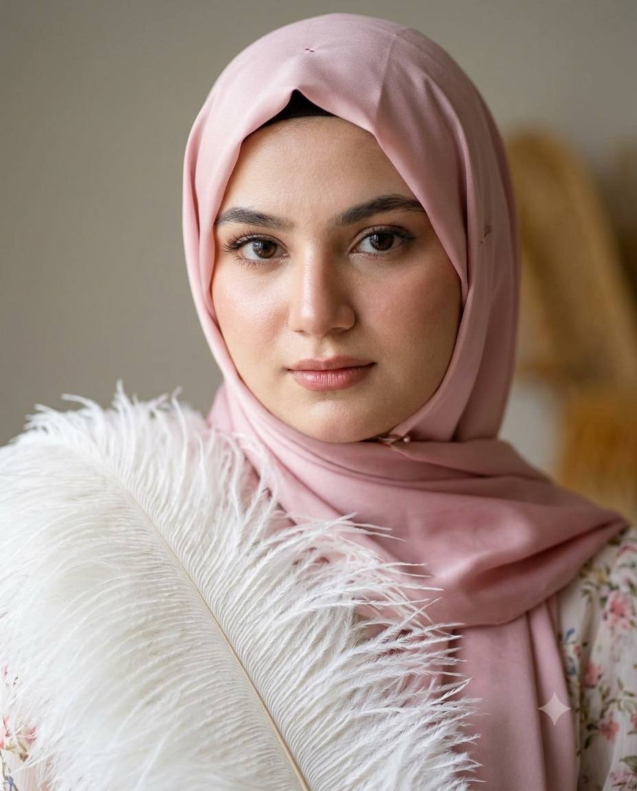 Pink silk hijab AI prompt | White feather stole & ethereal studio light