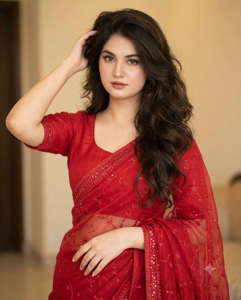 Red Cotton Net Silk Saree Portrait AI Image Prompt | Elegant Indoor Editorial & Shimmering Embroidery