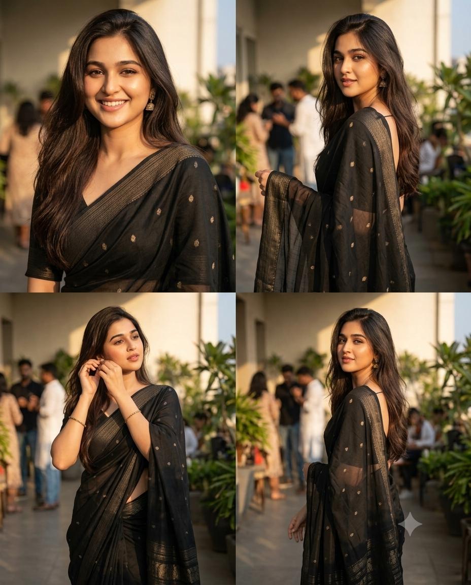 Sheer Embroidered Saree Portrait AI Image Prompt | 4K Four-Panel Fashion Grid