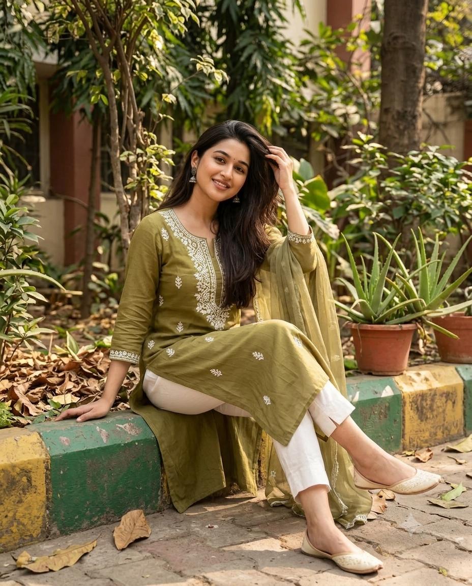 Elegant Woman Garden Portrait AI Image Prompt | Olive Green Embroidered Kurta