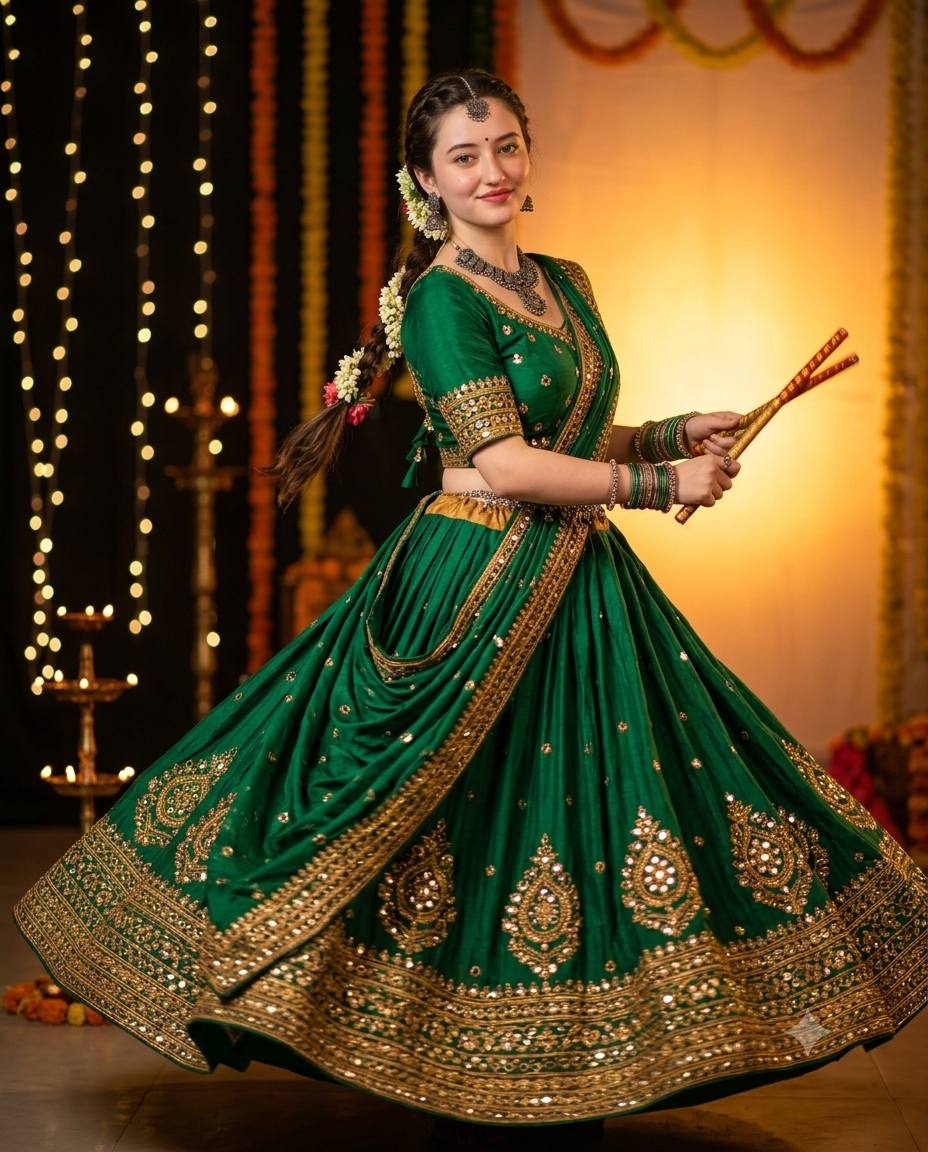 Emerald Garba AI prompt | Gold chaniya choli, dandiya & Navratri lights