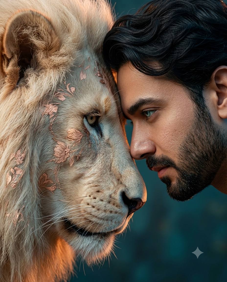 Man and white lion AI prompt | Rose-gold fur & teal-orange lighting