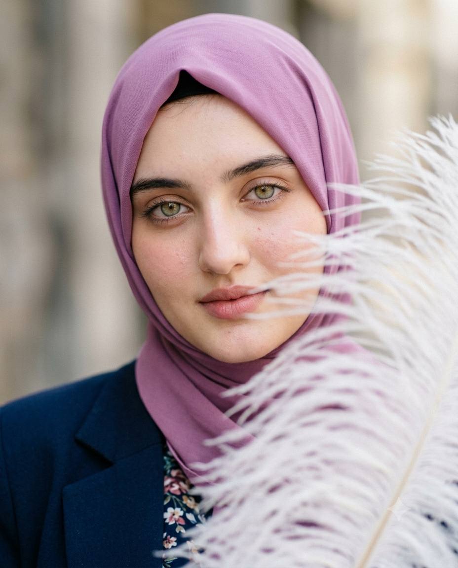 Orchid hijab portrait AI prompt | Feather-framed face & floral outfit