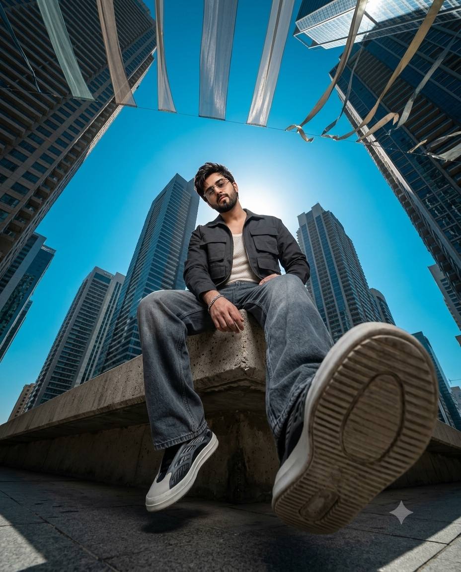Low-angle streetwear portrait AI prompt | Urban skyscraper 8K fashion