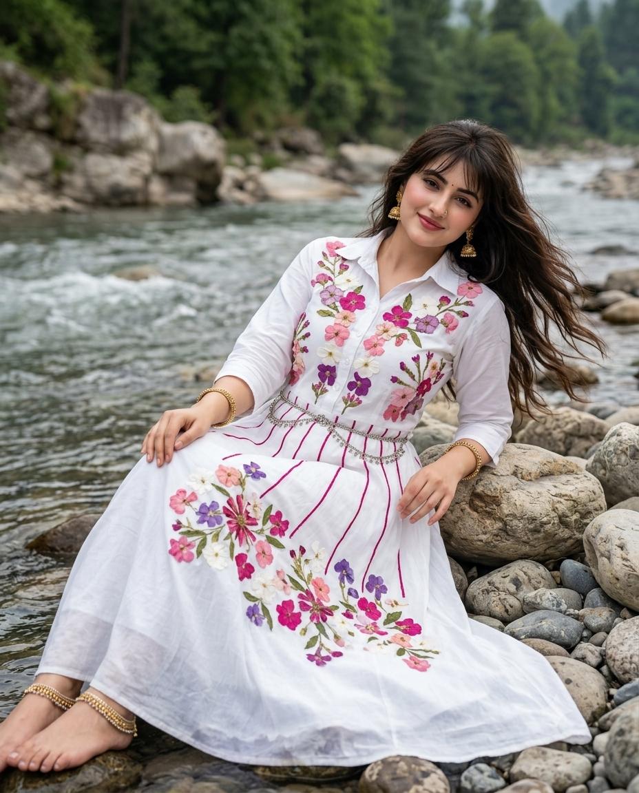 Ethnic Woman Floral Fashion AI Image Prompt | White Balsam Dress & River Stone Setting