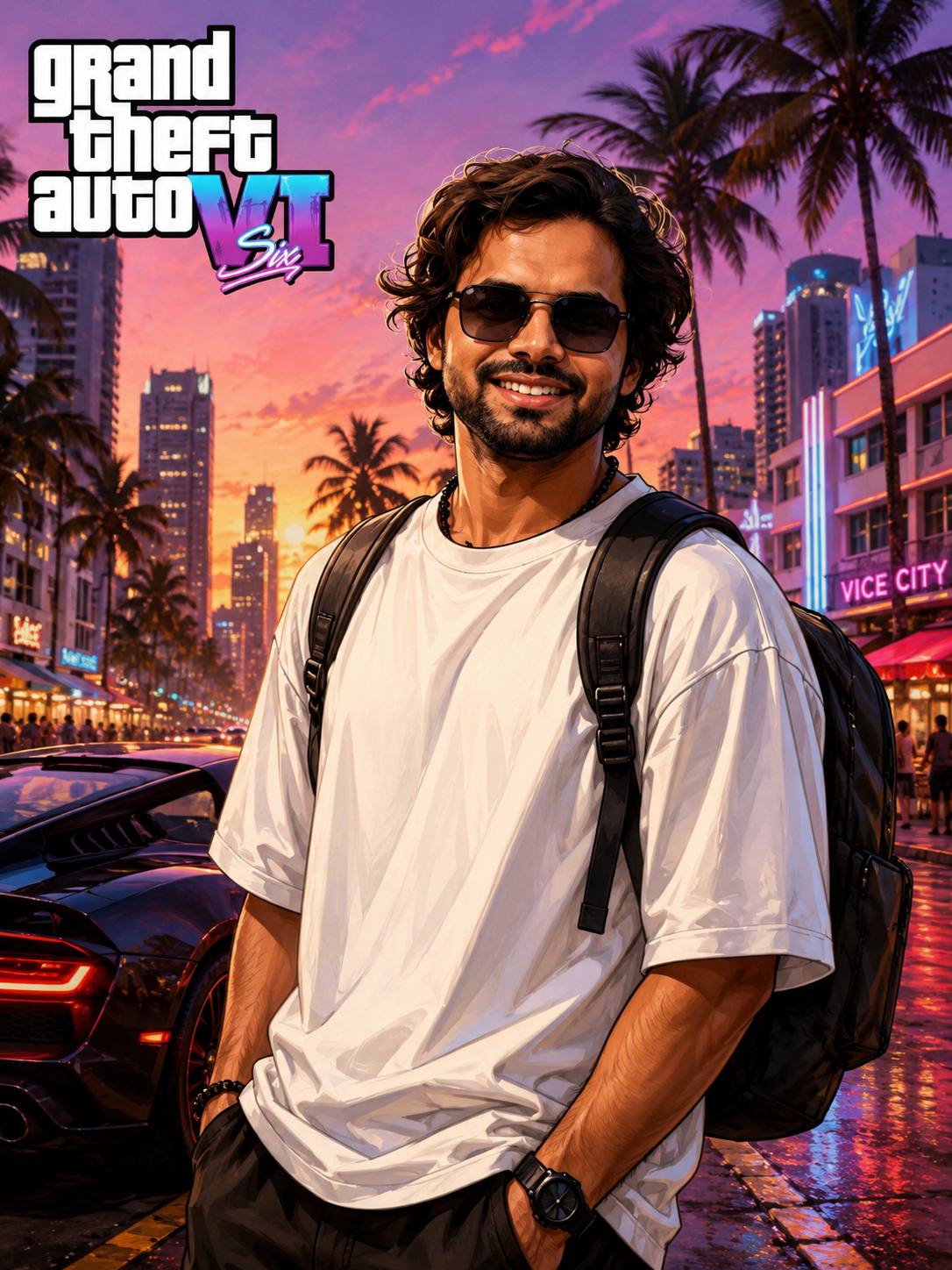 GTA-Inspired Vice City cover photo AI Image Prompt | Cinematic Urban Game Cover AI Portrait