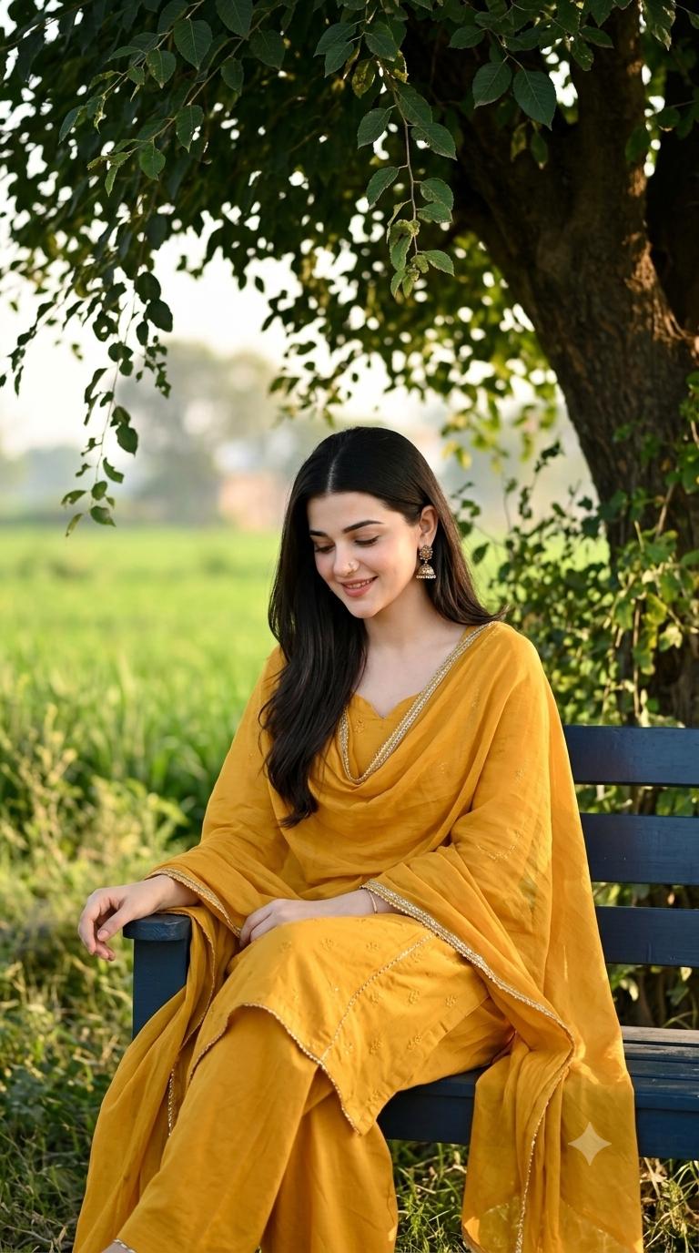 Woman Mustard Salwar Kameez Portrait AI Image Prompt | Golden Hour Rural Garden