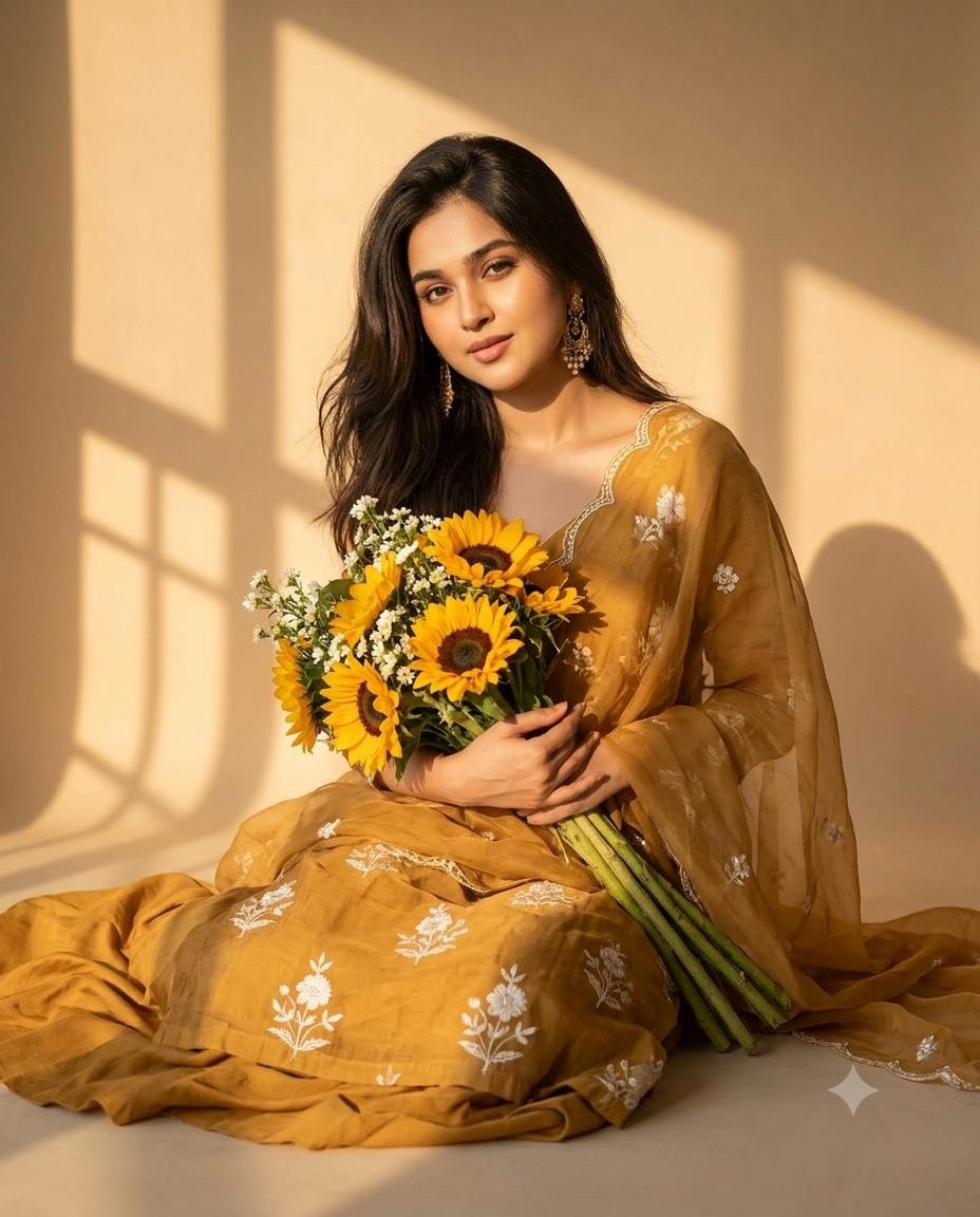 Woman Sunflower Golden Hour Portrait AI Image Prompt | Mustard Traditional Outfit & Window Shadows