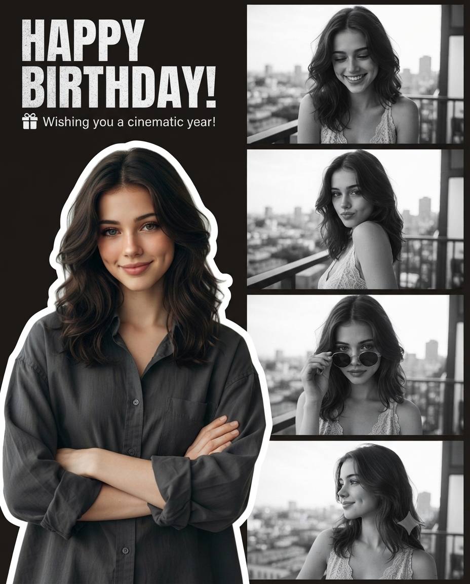 Happy birthday city skyline collage AI prompt | Cinematic portrait style