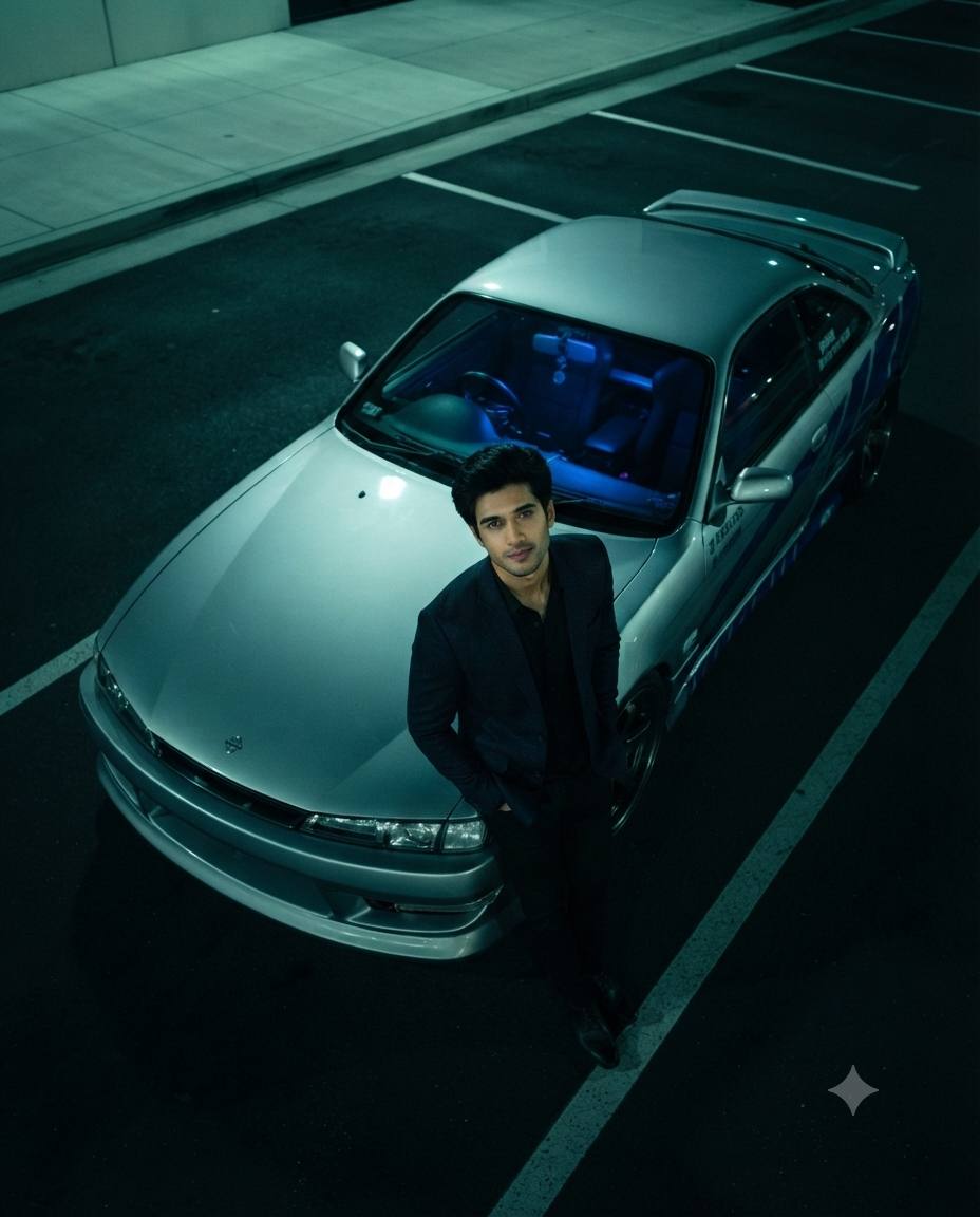 High-angle automotive portrait AI prompt | Cinematic identity preservation