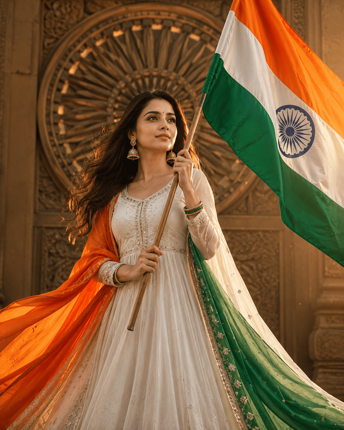 Indian Independence Day Woman AI Prompt | White Anarkali with Tricolor Dupatta