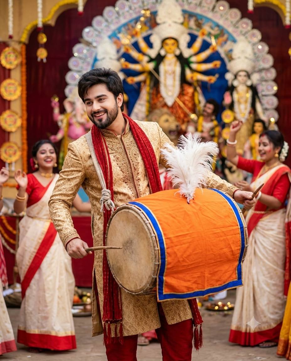 Indian man Dhak player AI prompt | Golden sherwani & Bengal festival