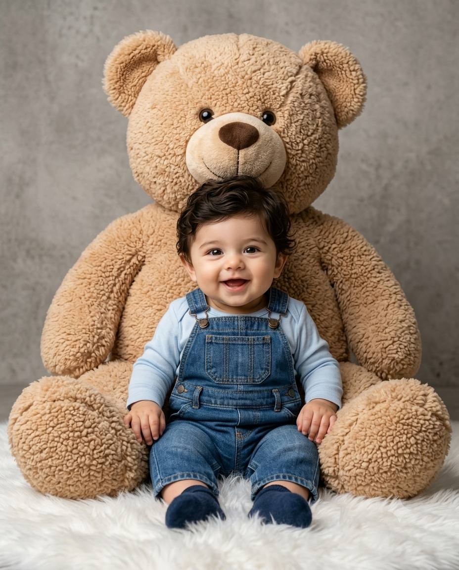 Baby boy teddy portrait AI prompt | Denim overalls & fluffy teddy