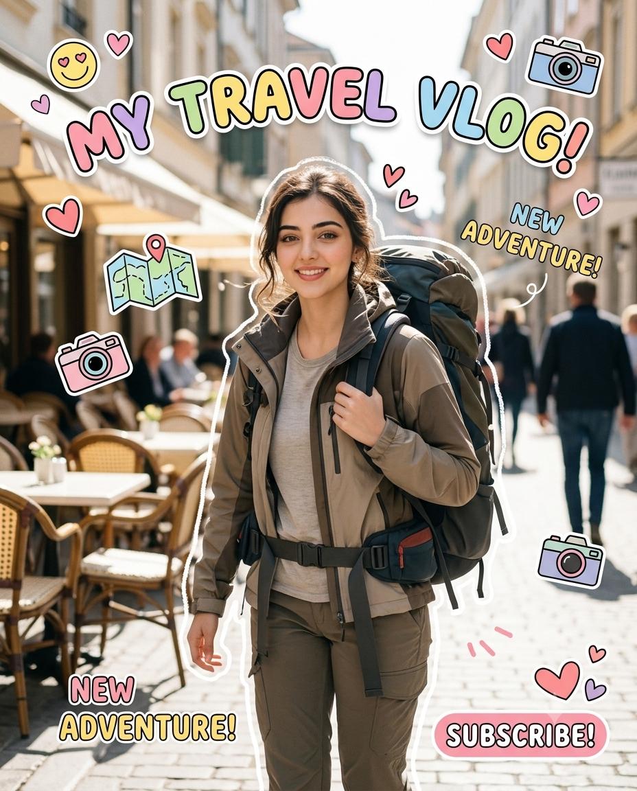 Kawaii Travel Vlog Portrait AI Image Prompt | Cute Stickers & Colorful Social Media Aesthetic