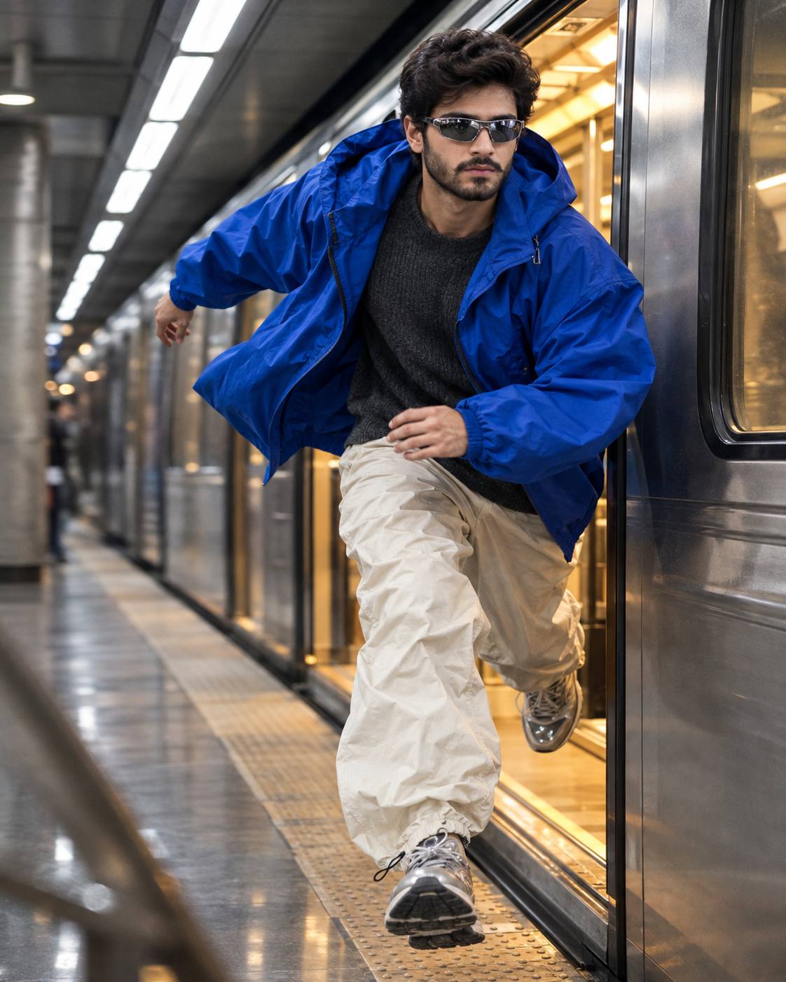 Kinetic subway fashion AI prompt | Cobalt jacket, parachute pants & motion
