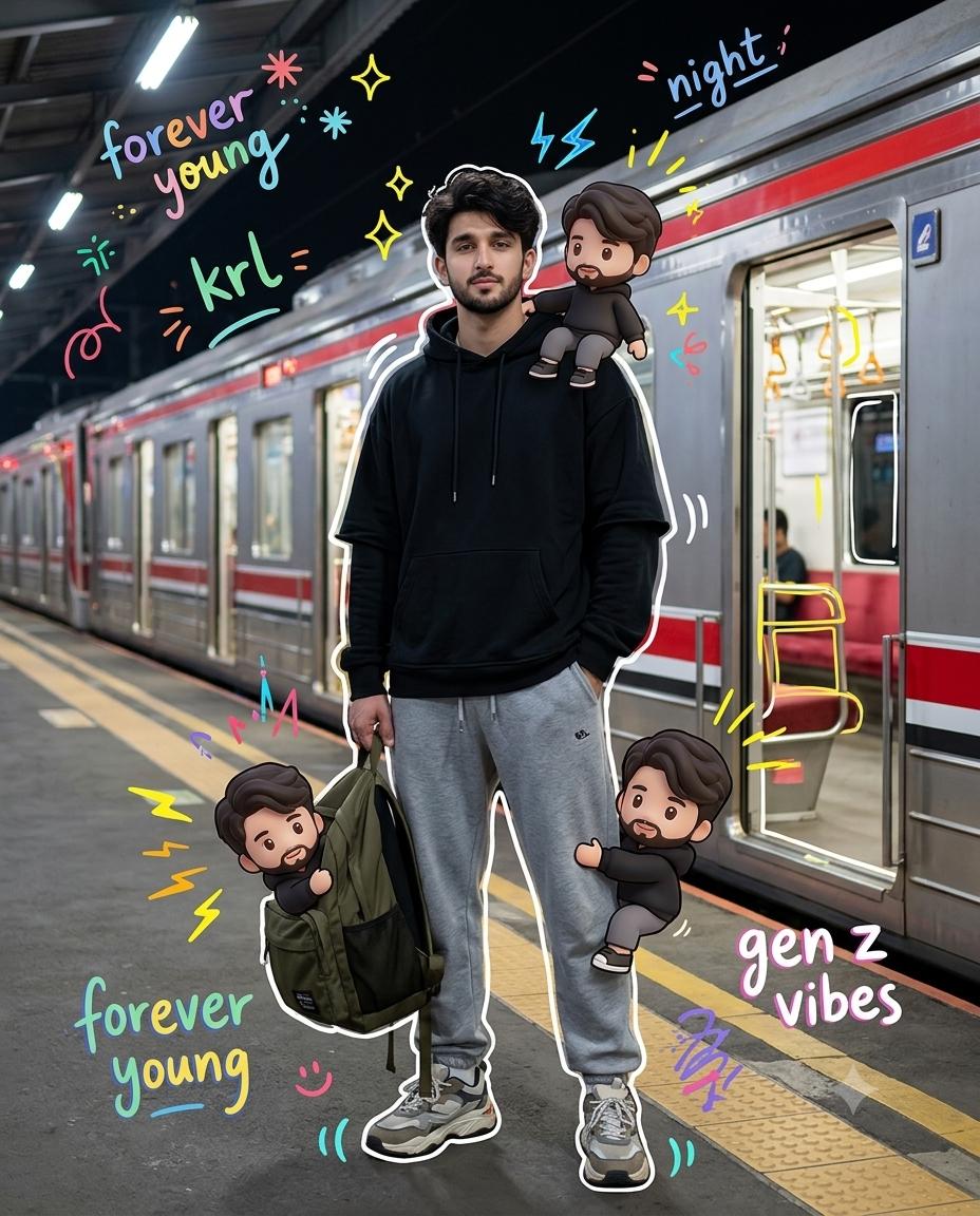 KRL Night Station Chibi Portrait AI Image Prompt | Gen Z Doodle Streetwear Collage
