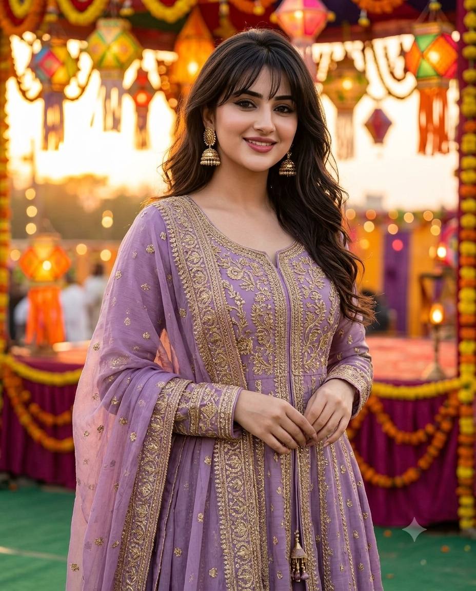 Lavender Anarkali Garba AI prompt | Gold embroidery & statement jhumkas
