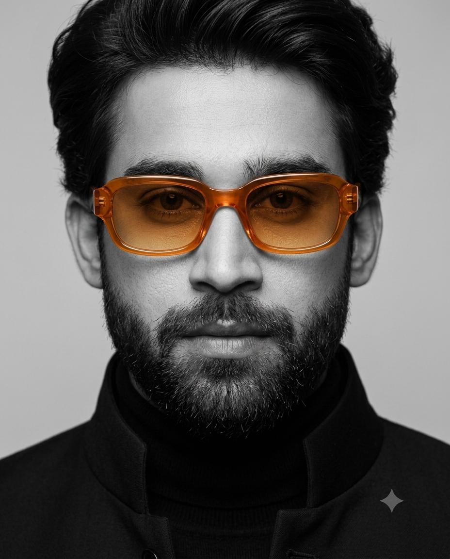 Luxury Editorial Man Portrait AI Image Prompt | Orange Sunglasses & Selective Color Photography