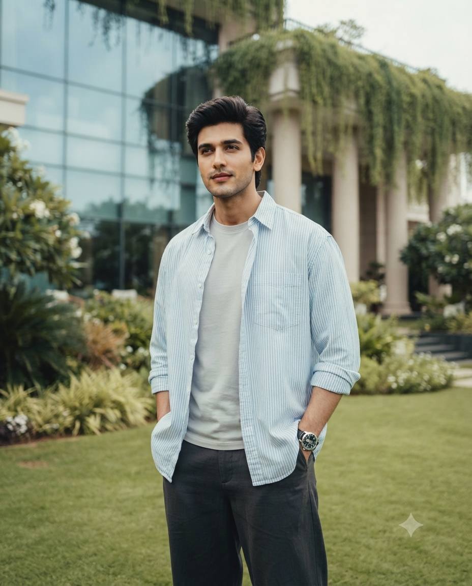 South Asian man luxury garden portrait AI prompt | Modern building background