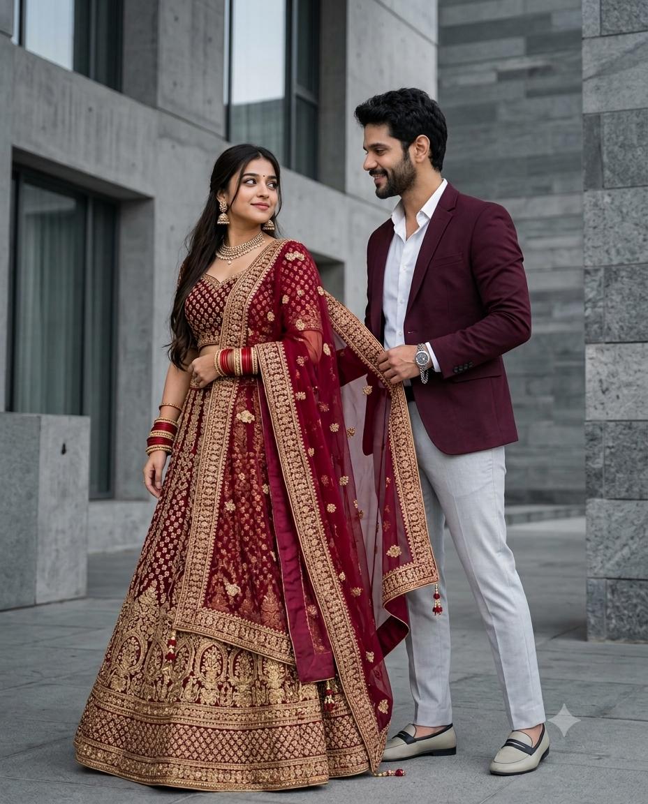Couple Portrait Luxury Style AI Image Prompt | 9:16 Maroon Lehenga & Blazer Romance