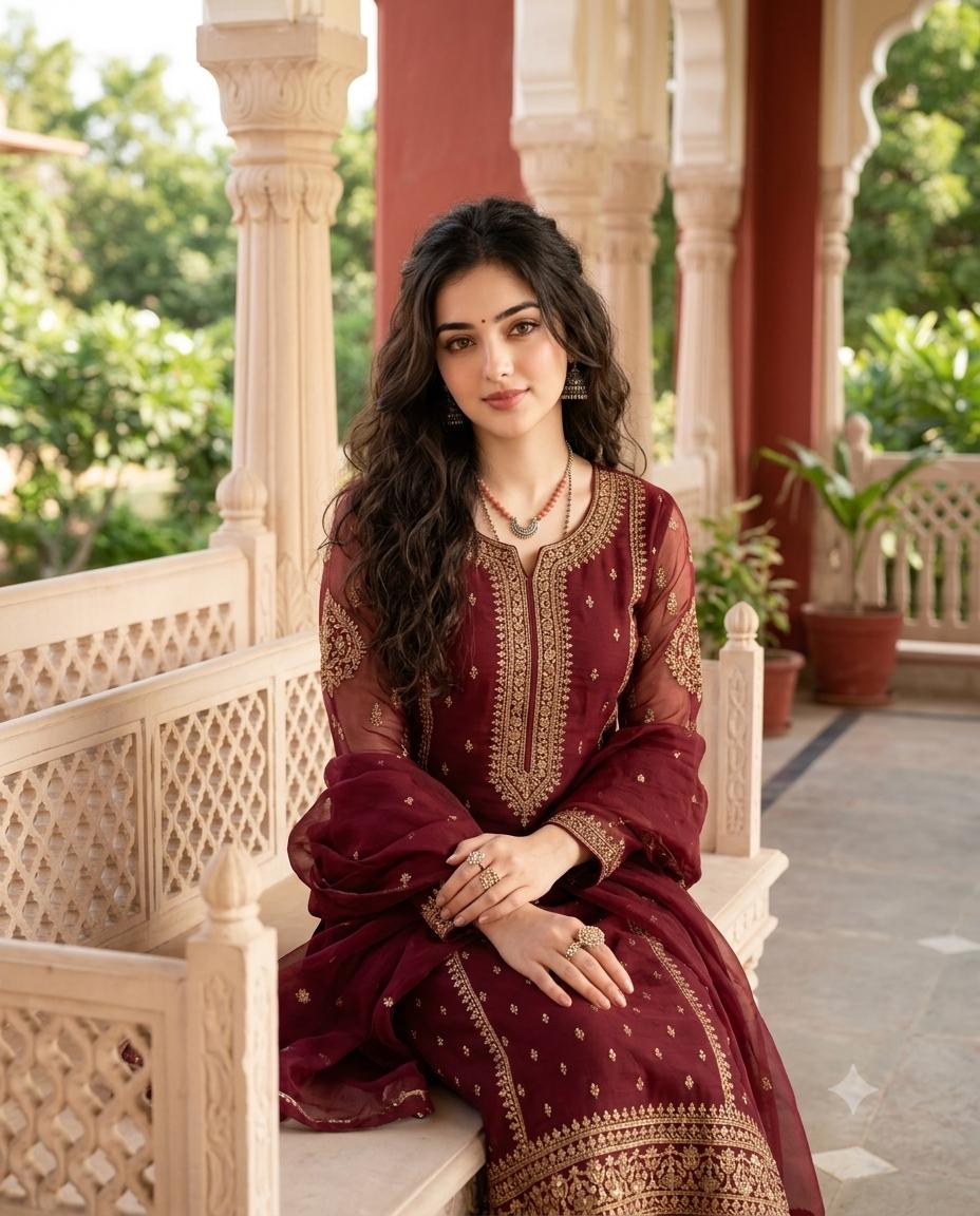 Woman Maroon Suit Palace Portrait AI Image Prompt | Regal Traditional Elegance & 4:5