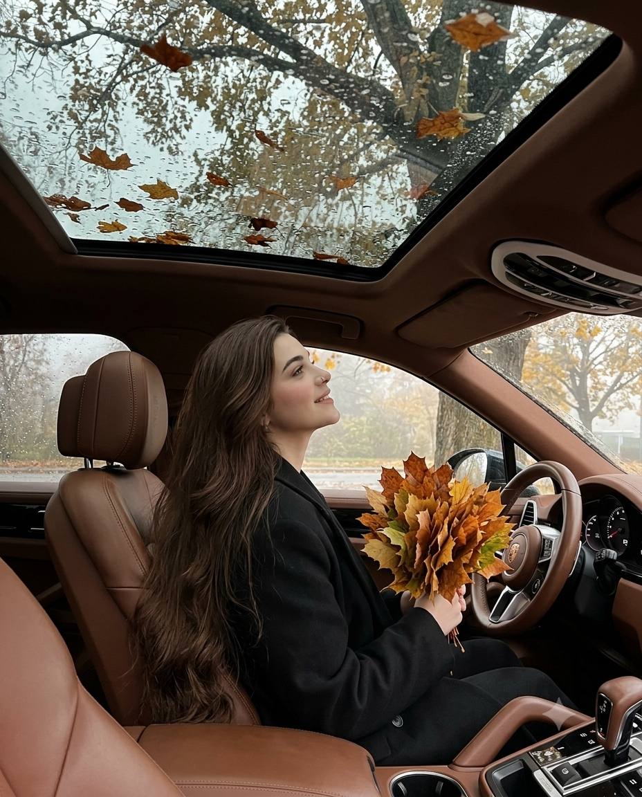 Luxury Porsche autumn portrait AI prompt | Black coat, leaf bouquet & rainy roof