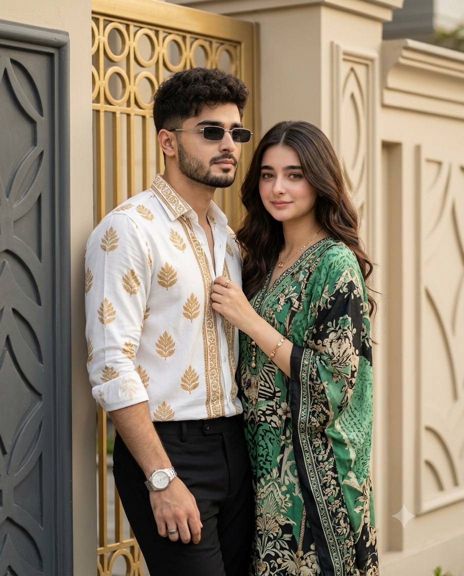 Beautiful couple portrait AI prompt | Elegant traditional fashion