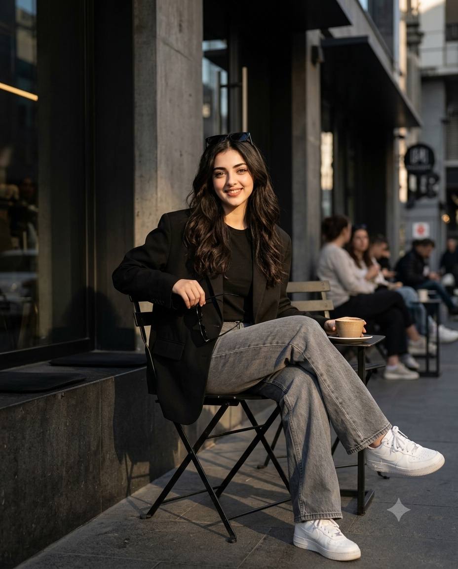 Luxury street style woman AI prompt | Black blazer, wide-leg jeans & sunglasses