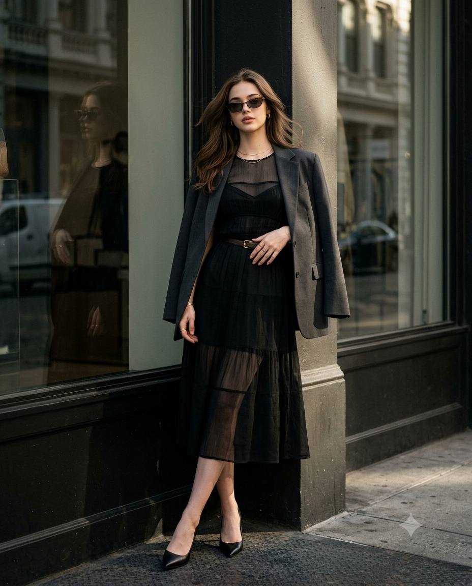 Luxury streetwear portrait AI prompt | Black sheer dress & oversized blazer