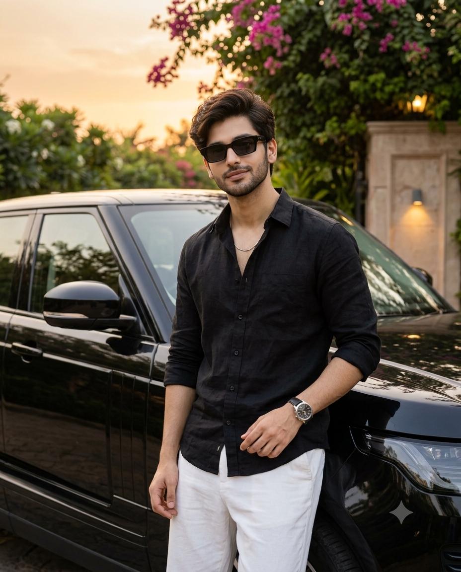 Man Luxury SUV Portrait AI Image Prompt | Black Linen Shirt & Golden Hour Villa