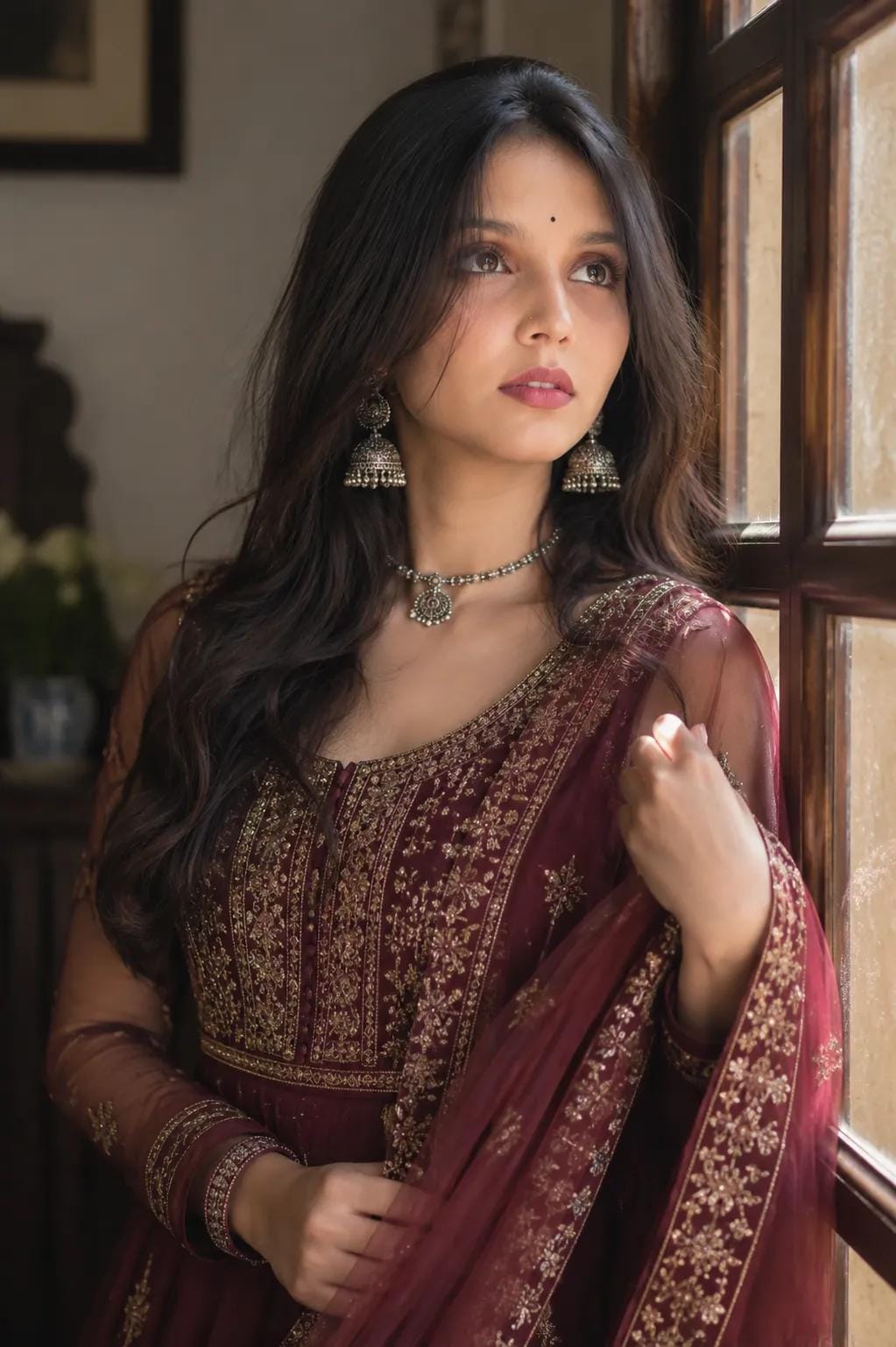 Maroon Anarkali Portrait AI Prompt | Ultra Realistic Cinematic Indian Fashion Photography