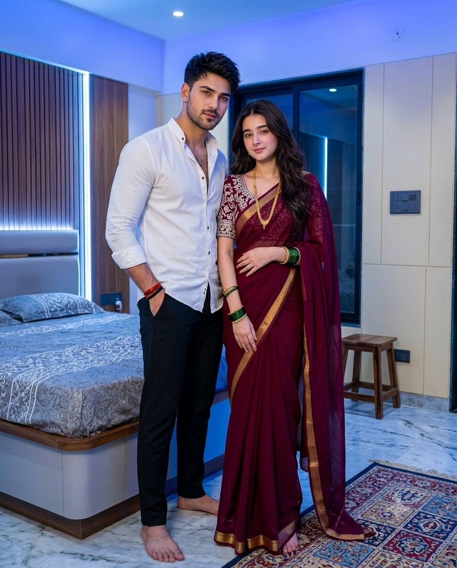Modern Indian couple portrait AI prompt | Maroon saree, white shirt and blue ambient style