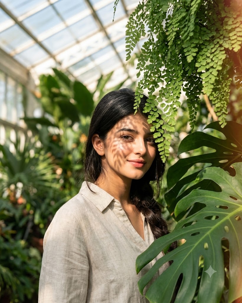 Monstera Leaf Portrait AI Prompt | Dreamy Cinematic Greenhouse Scene