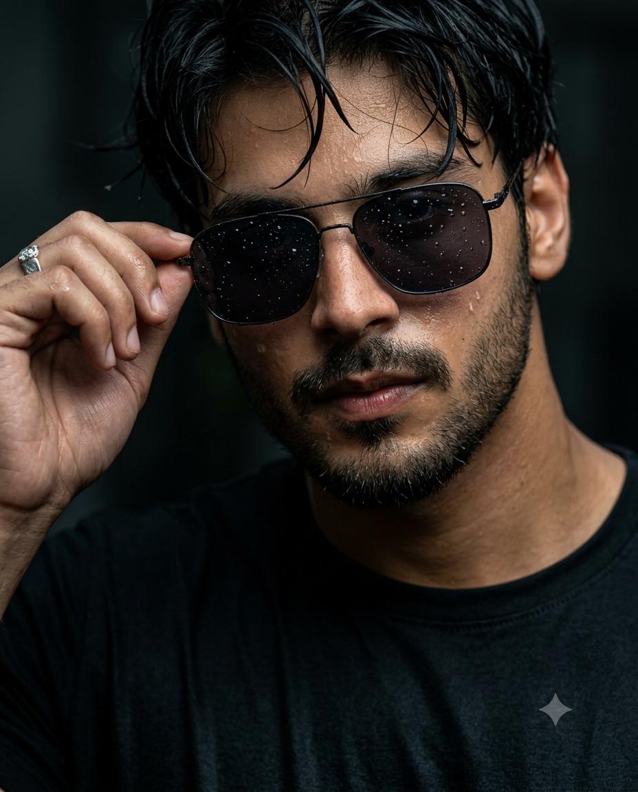Wet-Look Man Fashion Portrait AI Image Prompt | Aviator Sunglasses & Dramatic Editorial