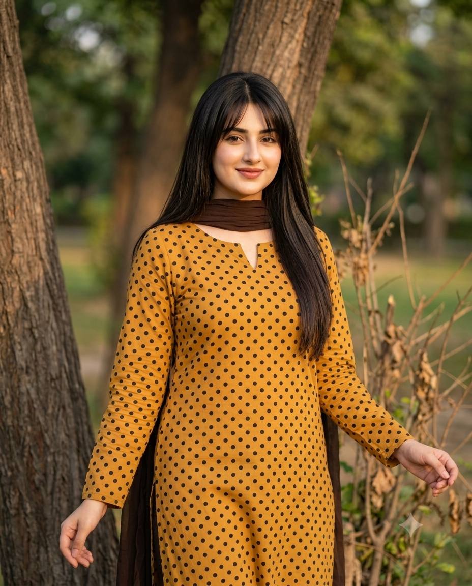 Mustard yellow kurta portrait AI prompt | Polka-dot ethnic fashion and golden hour