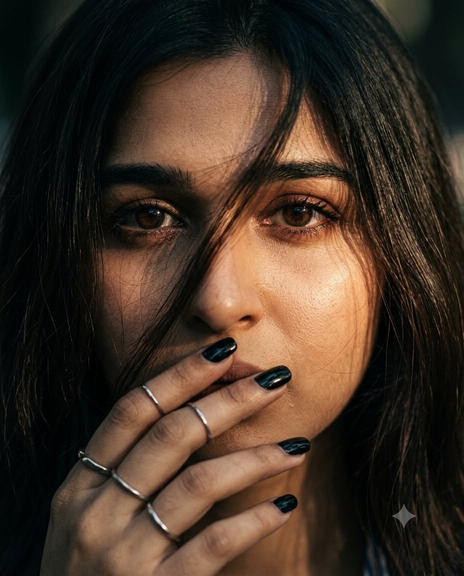 Mysterious Woman Face Close-Up Cinematic AI Prompt Golden Light 4:5