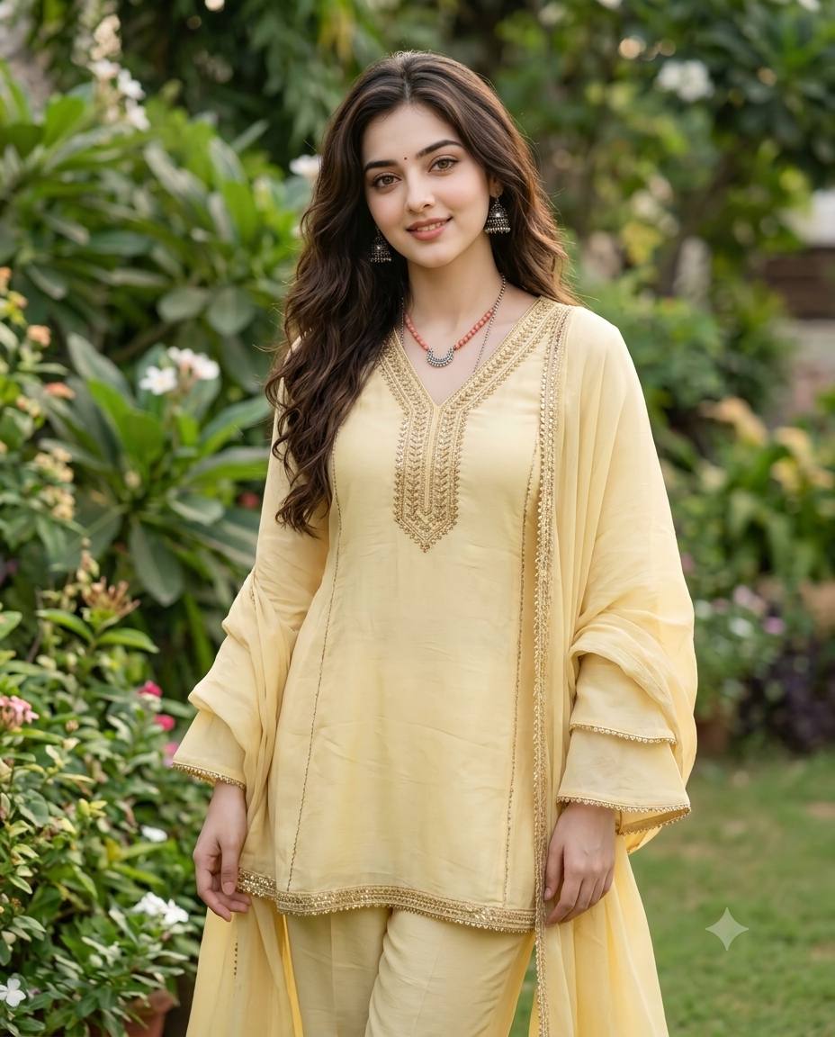 Pale yellow Indian fashion portrait AI prompt | Gold embroidery and garden style