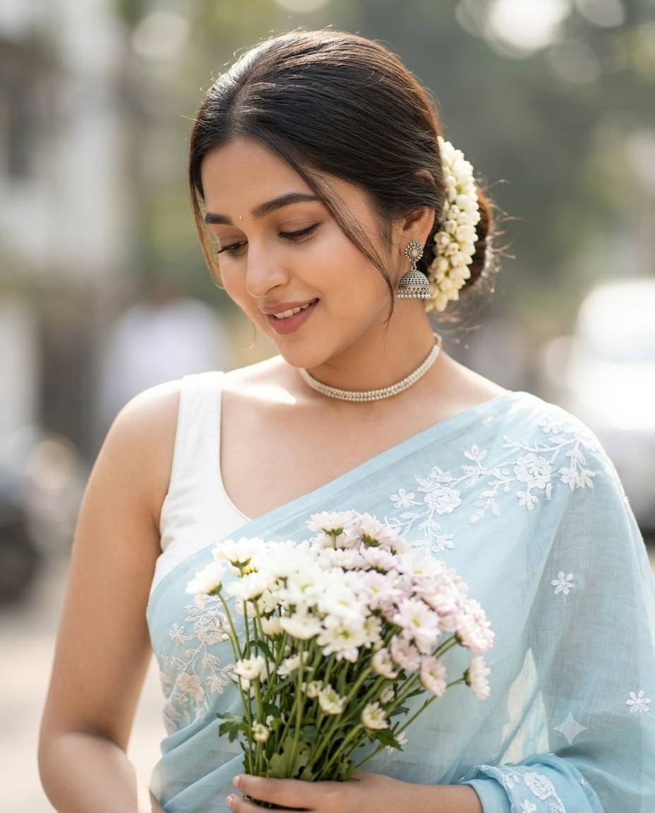 Pastel blue saree portrait AI prompt | Indian woman with jasmine gajra and flowers