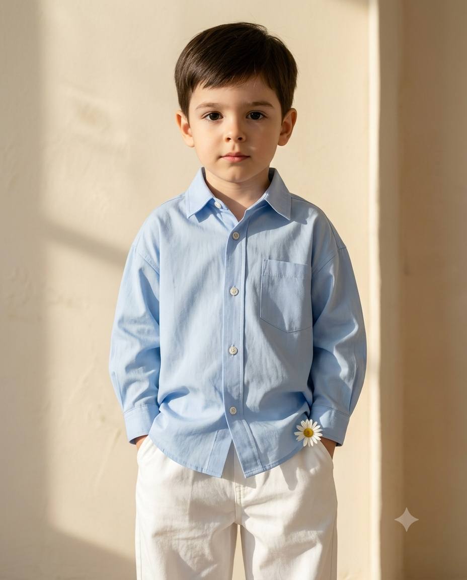 Pastel blue kidswear AI prompt | White trousers, daisy detail & golden light