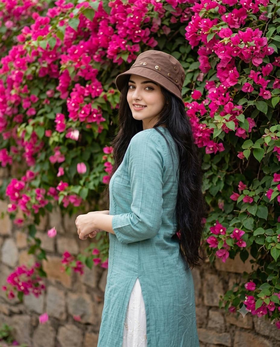 South Asian woman garden portrait AI prompt | Teal kurta and pink bougainvillea