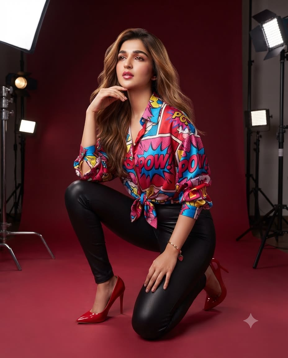 Pop Art Fashion Woman Kneeling Editorial AI Prompt Luxury Red Studio