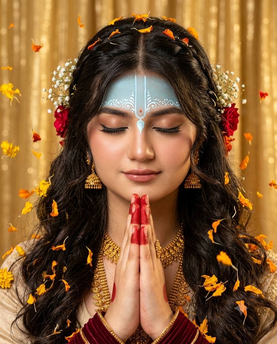 Radha-inspired Indian portrait AI prompt | Temple jewelry & flower shower