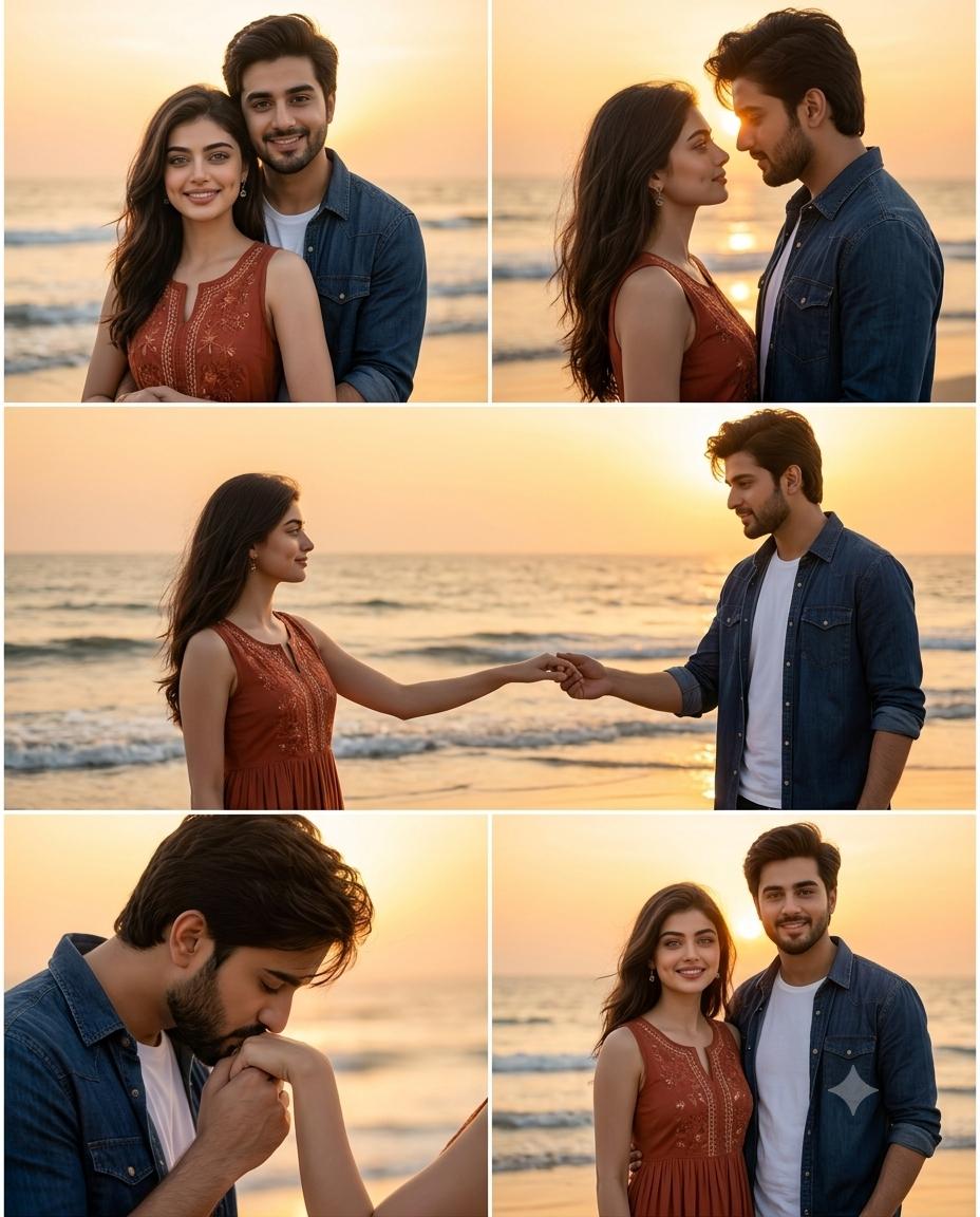 Indian Couple Beach Collage AI Image Prompt | Rust Embroidered Dress & Golden Sunset