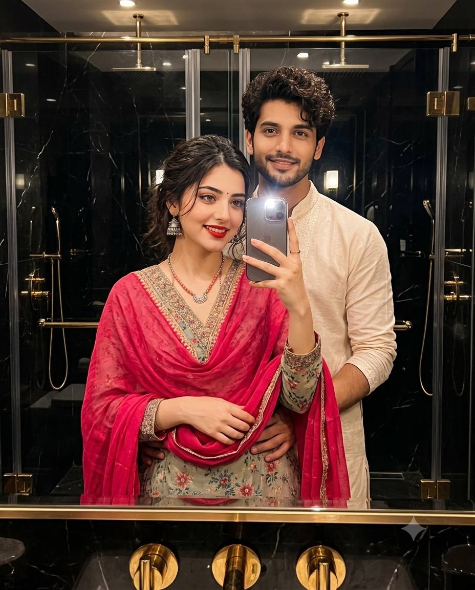 Couple mirror selfie AI prompt | Pink dupatta & luxury marble washroom